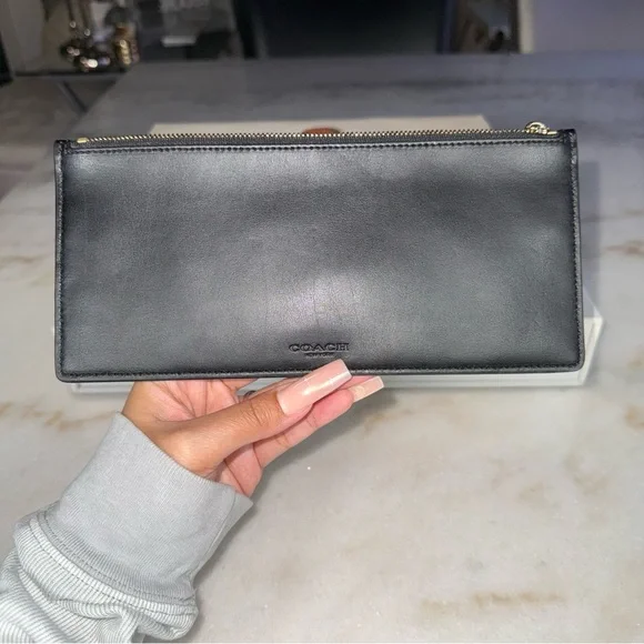 Coach Black Leather Zip Pouch Clutch Minimalist Wristlet - Picture 2 of 9